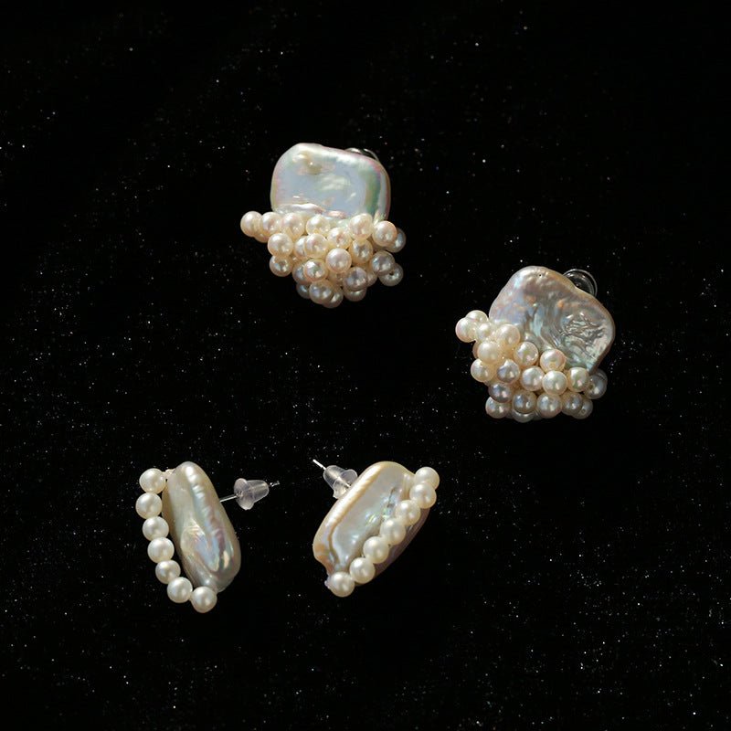 Sculptural Baroque Freshwater Pearl Cluster Stud Earrings - floysun