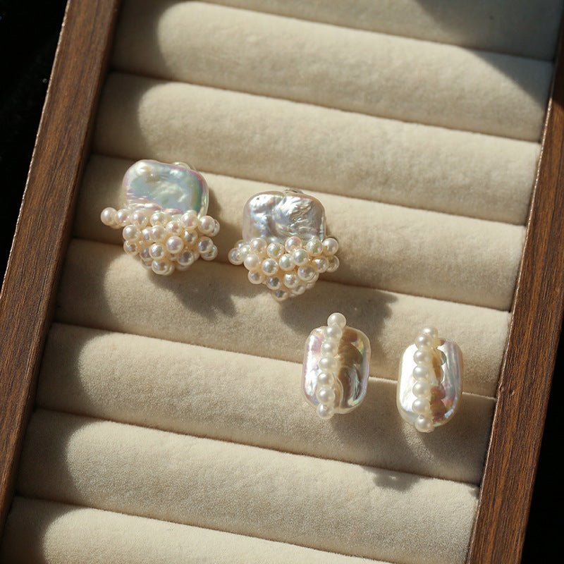 Sculptural Baroque Freshwater Pearl Cluster Stud Earrings - floysun