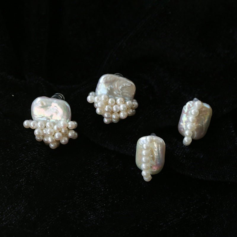 Sculptural Baroque Freshwater Pearl Cluster Stud Earrings - floysun