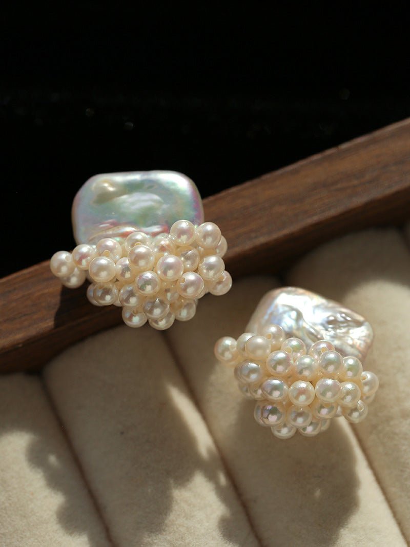 Sculptural Baroque Freshwater Pearl Cluster Stud Earrings - floysun