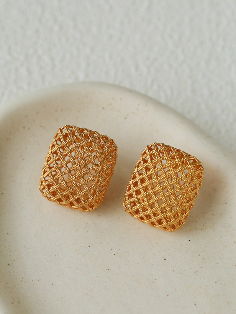Sculptural Cage Geometric Lattice Stud Earrings - Modern Openwork Grid Disc Ear Droppers - floysun