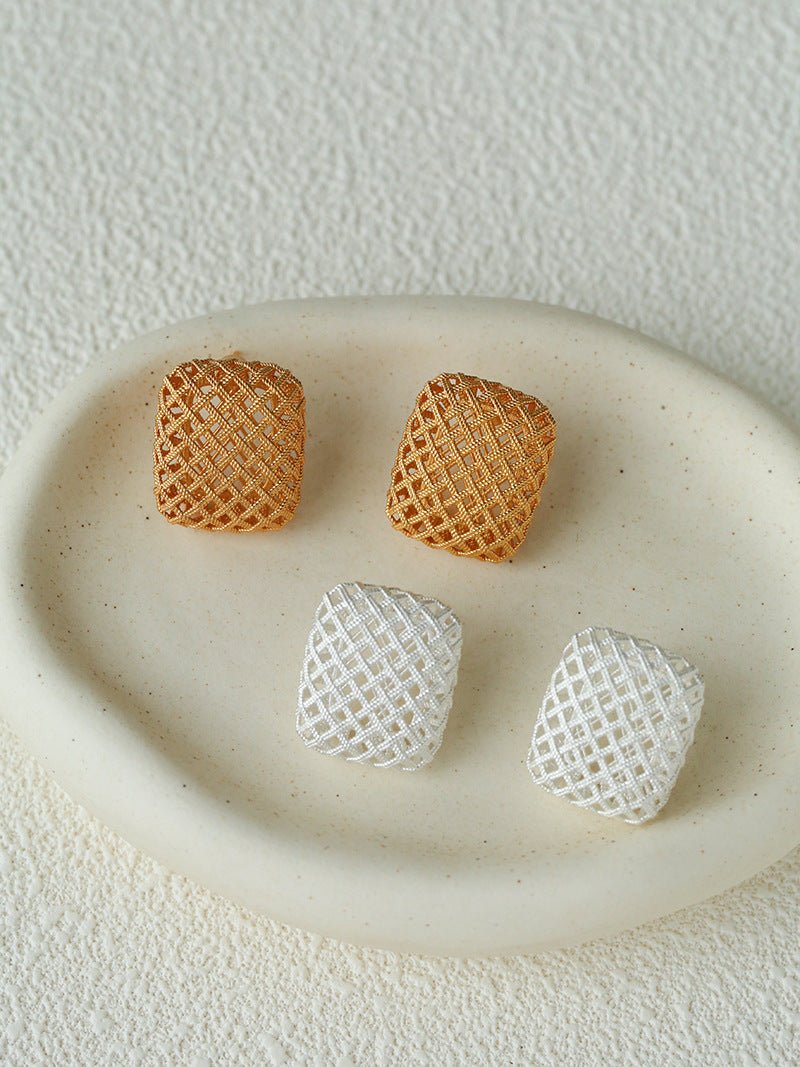Sculptural Cage Geometric Lattice Stud Earrings - Modern Openwork Grid Disc Ear Droppers - floysun