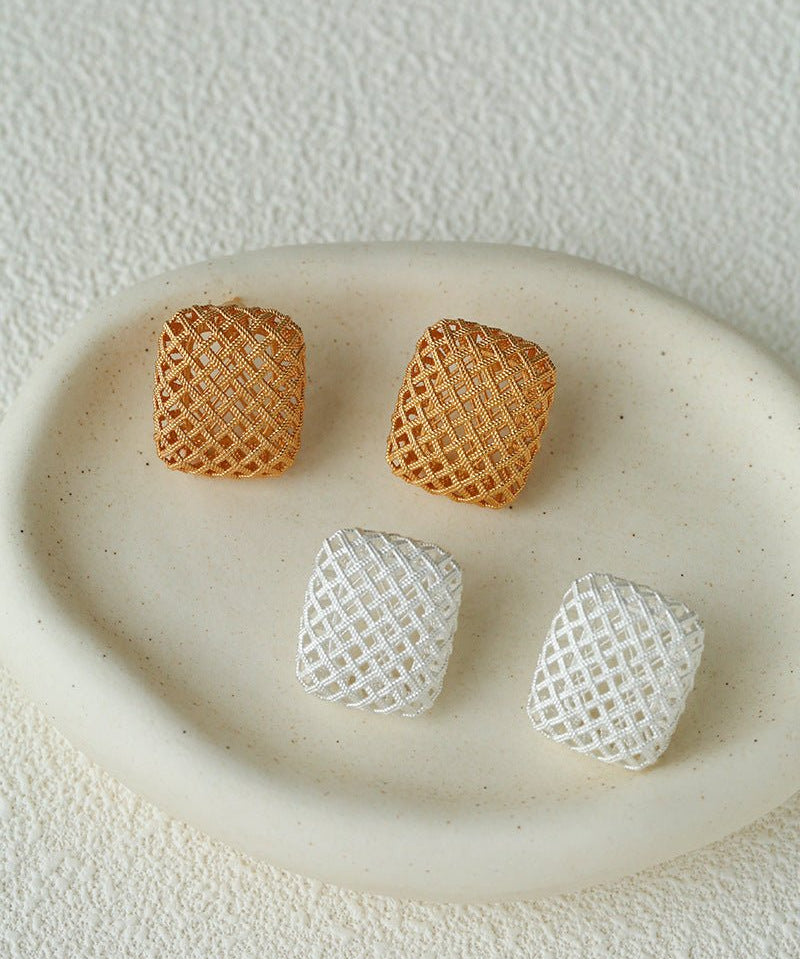 Sculptural Cage Geometric Lattice Stud Earrings - Modern Openwork Grid Disc Ear Droppers - floysun