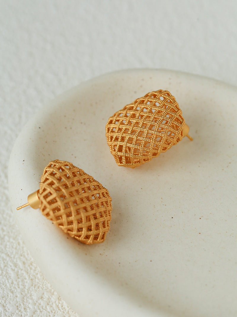 Sculptural Cage Geometric Lattice Stud Earrings - Modern Openwork Grid Disc Ear Droppers - floysun