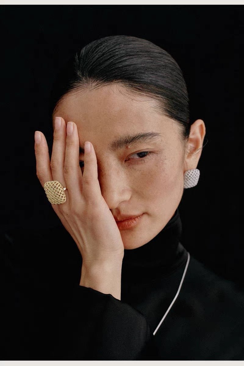 Sculptural Cage Geometric Lattice Stud Earrings - Modern Openwork Grid Disc Ear Droppers - floysun