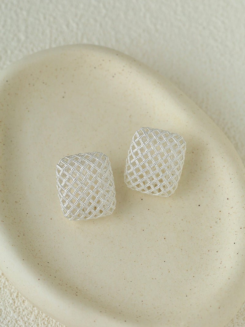 Sculptural Cage Geometric Lattice Stud Earrings - Modern Openwork Grid Disc Ear Droppers - floysun