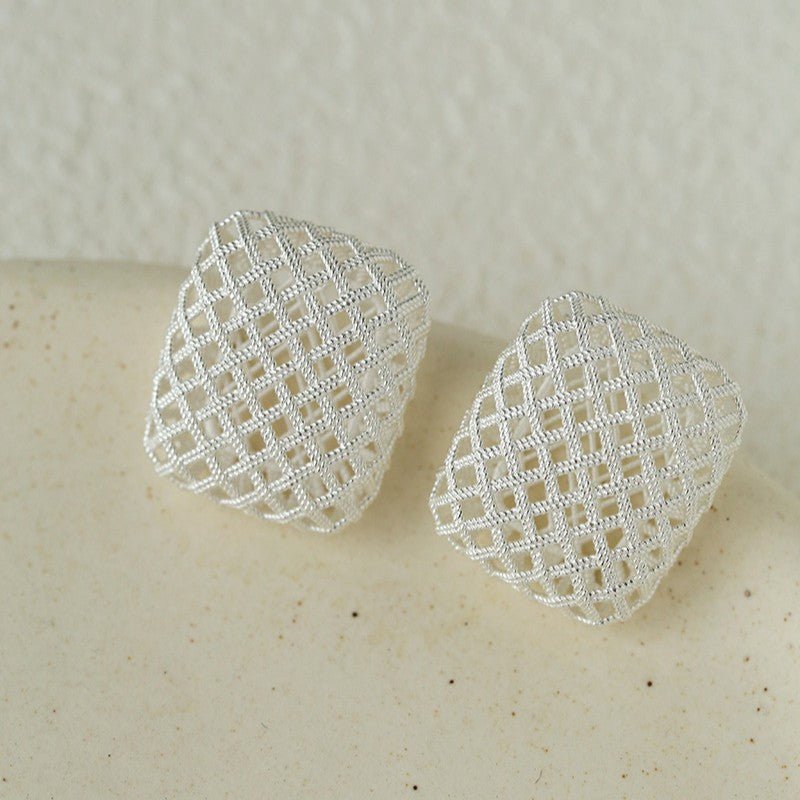 Sculptural Cage Geometric Lattice Stud Earrings - Modern Openwork Grid Disc Ear Droppers - floysun