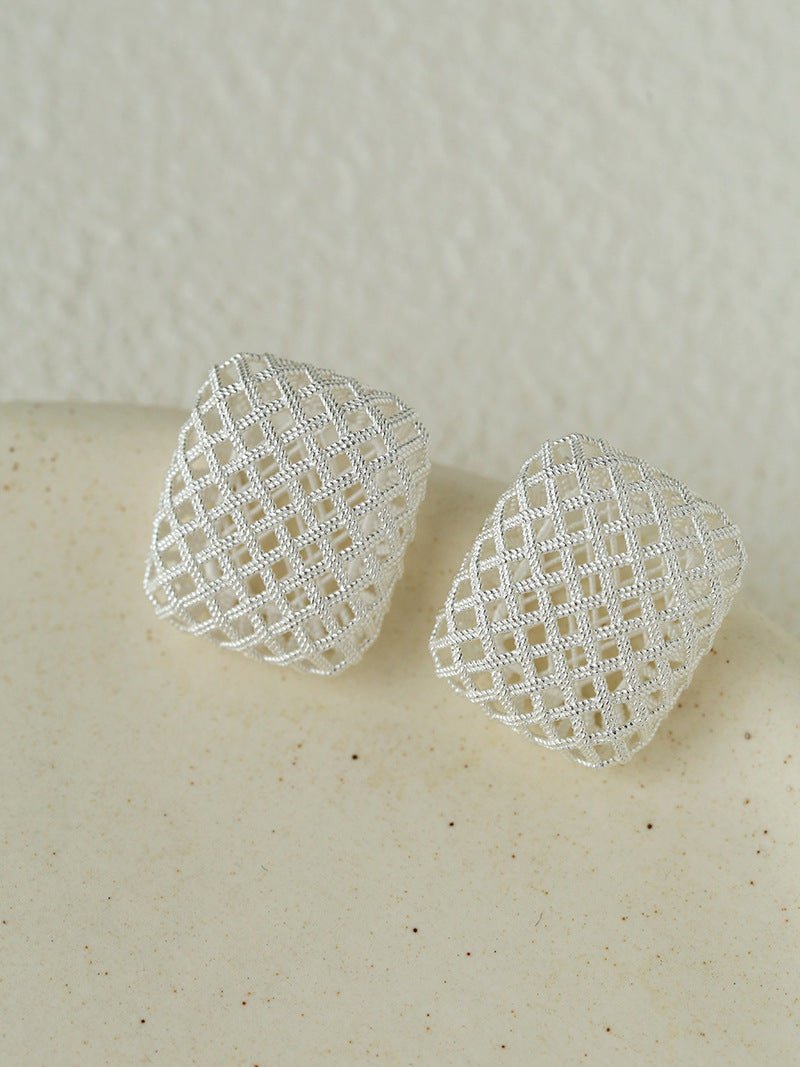 Sculptural Cage Geometric Lattice Stud Earrings - Modern Openwork Grid Disc Ear Droppers - floysun
