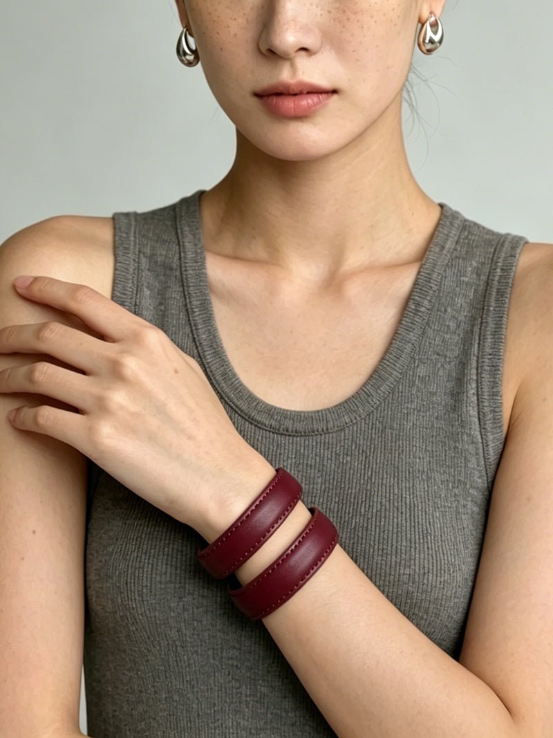 Sculptural Dual - Band Leather Cuff - Bold Minimalist Open Bangle - floysun