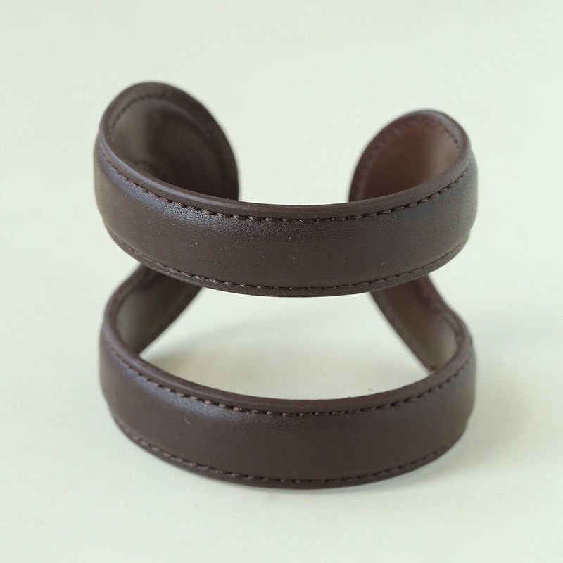 Sculptural Dual - Band Leather Cuff - Bold Minimalist Open Bangle - floysun