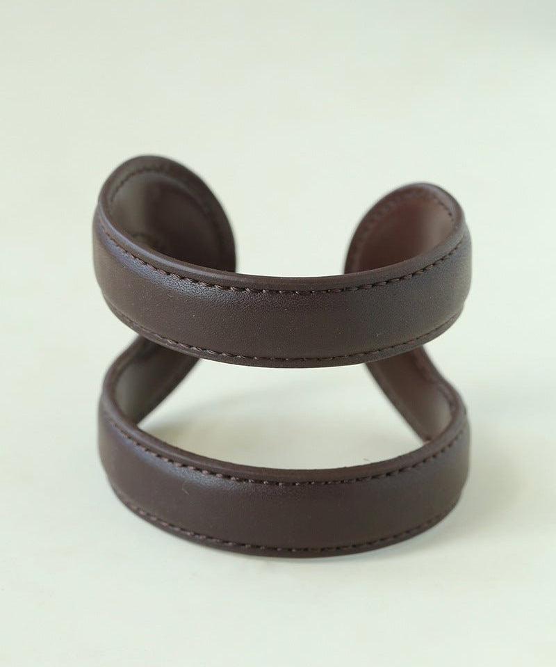 Sculptural Dual - Band Leather Cuff - Bold Minimalist Open Bangle - floysun