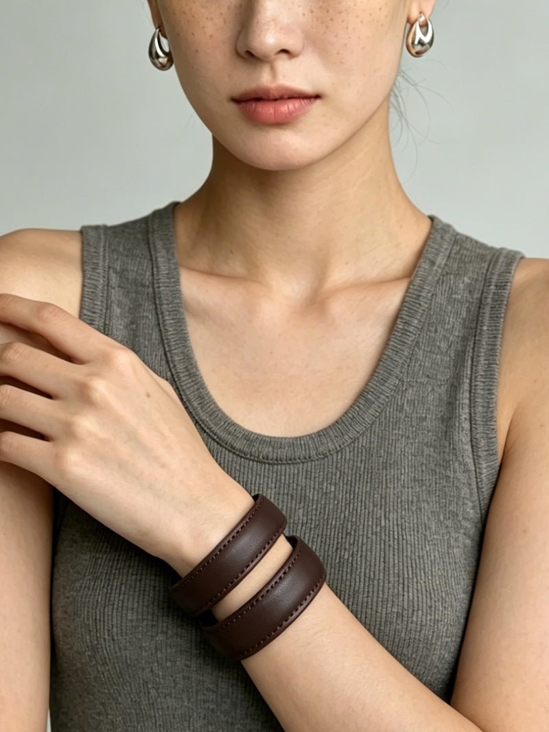 Sculptural Dual - Band Leather Cuff - Bold Minimalist Open Bangle - floysun