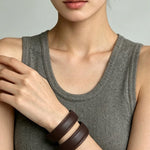 Sculptural Dual - Band Leather Cuff - Bold Minimalist Open Bangle - floysun