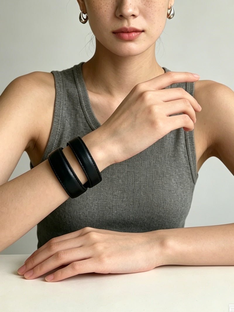 Sculptural Dual - Band Leather Cuff - Bold Minimalist Open Bangle - floysun