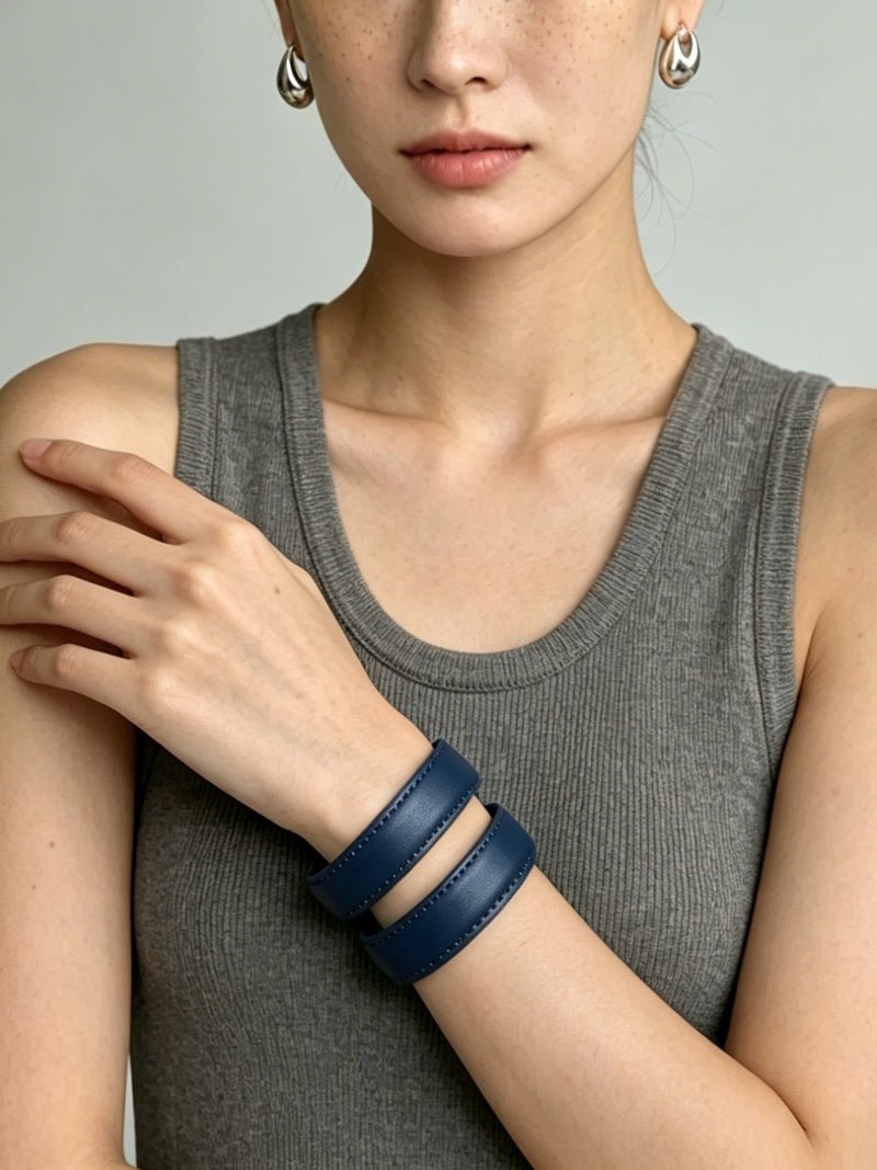 Sculptural Dual - Band Leather Cuff - Bold Minimalist Open Bangle - floysun
