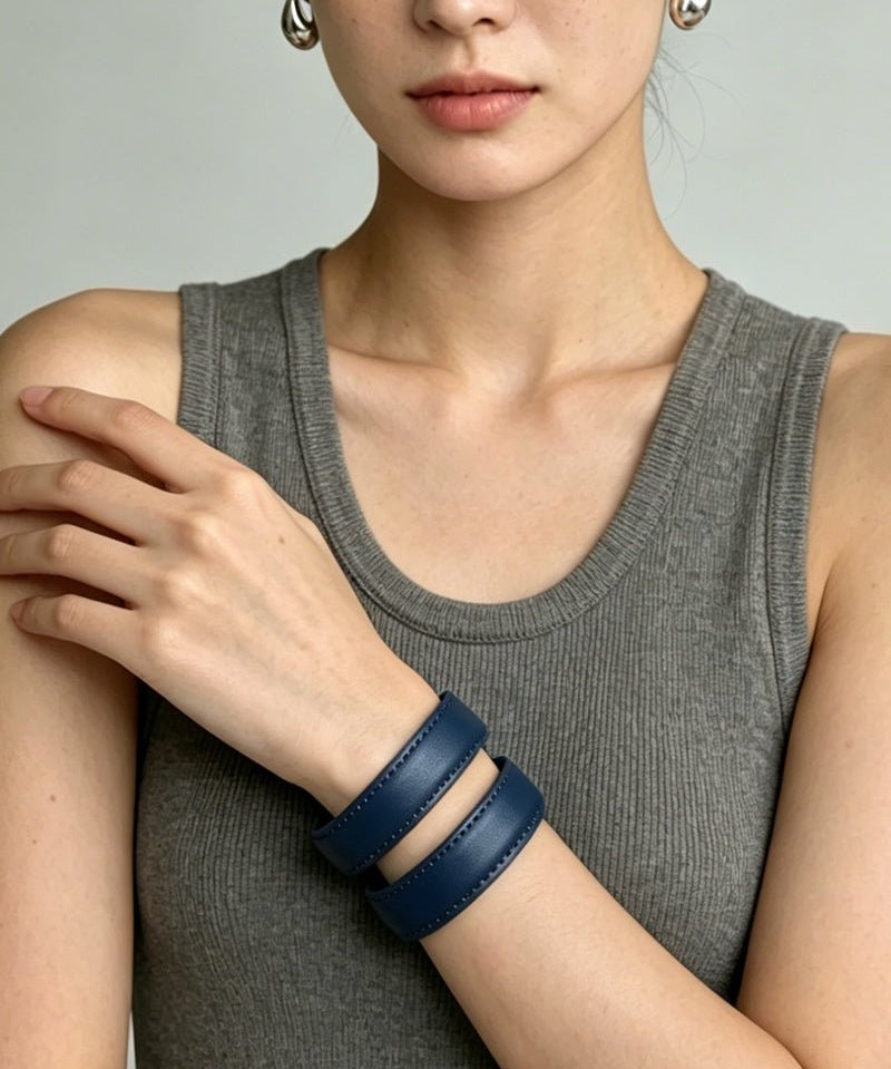 Sculptural Dual - Band Leather Cuff - Bold Minimalist Open Bangle - floysun