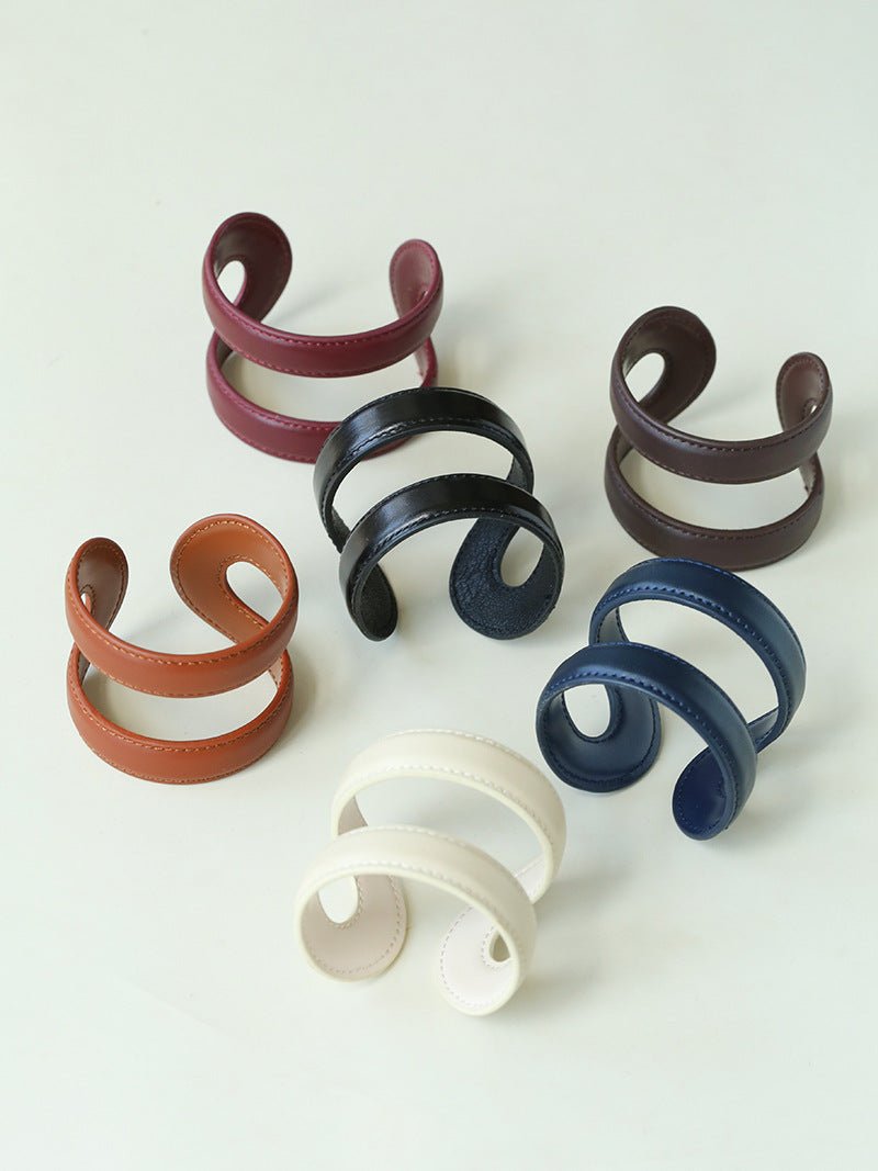 Sculptural Dual - Band Leather Cuff - Bold Minimalist Open Bangle - floysun