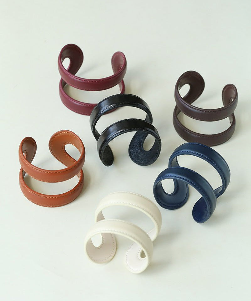 Sculptural Dual - Band Leather Cuff - Bold Minimalist Open Bangle - floysun