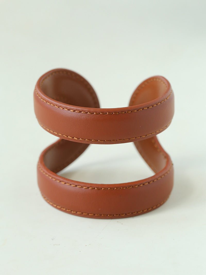 Sculptural Dual - Band Leather Cuff - Bold Minimalist Open Bangle - floysun