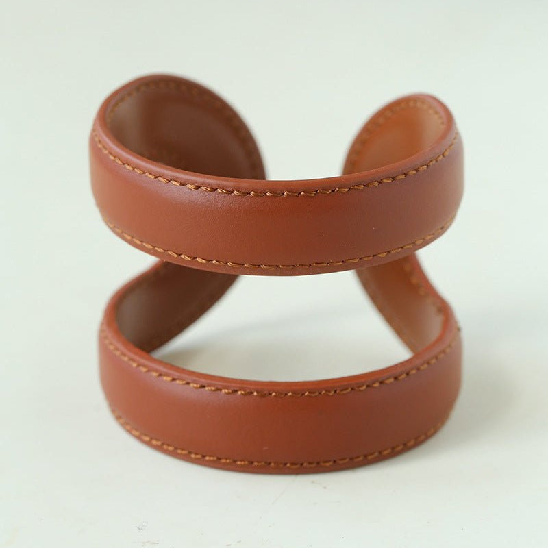 Sculptural Dual - Band Leather Cuff - Bold Minimalist Open Bangle - floysun