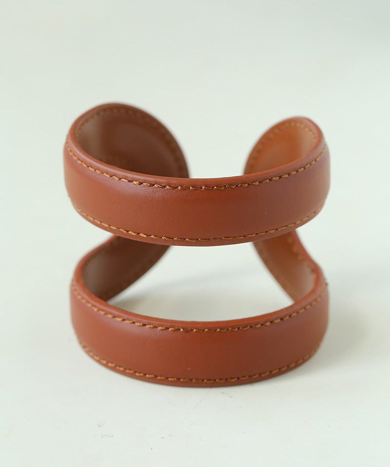 Sculptural Dual - Band Leather Cuff - Bold Minimalist Open Bangle - floysun