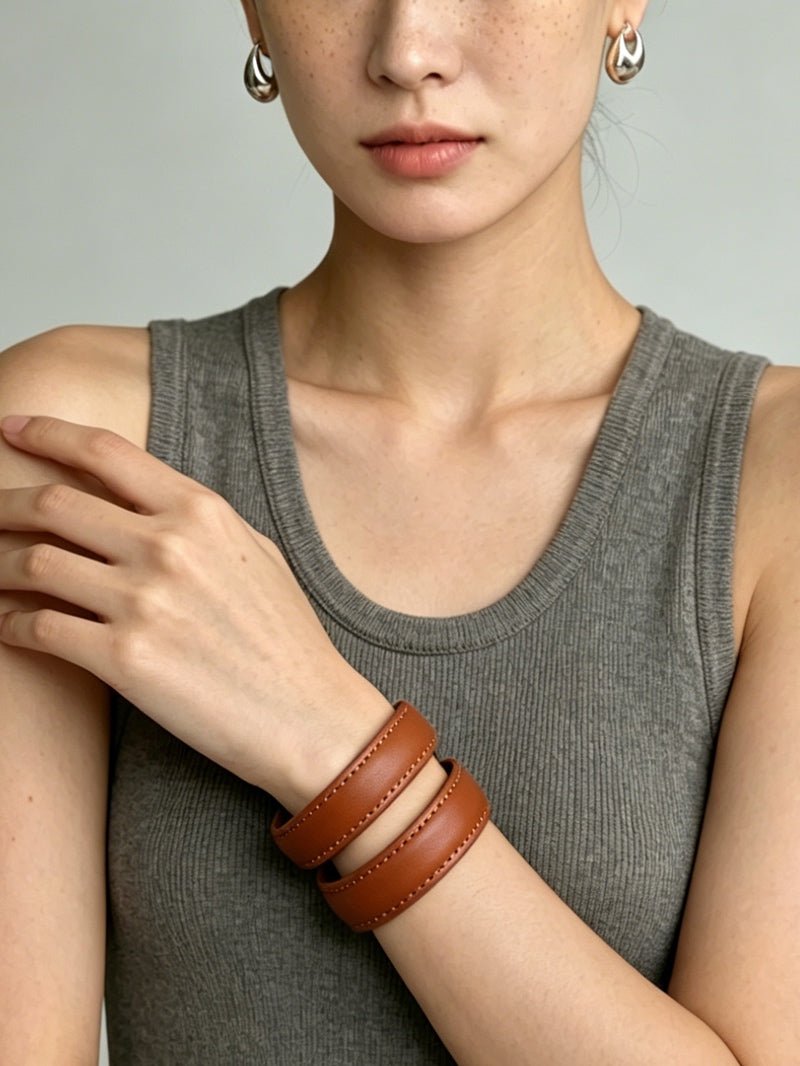 Sculptural Dual - Band Leather Cuff - Bold Minimalist Open Bangle - floysun