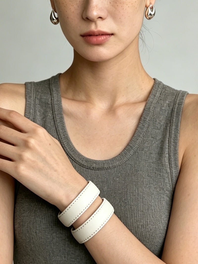 Sculptural Dual - Band Leather Cuff - Bold Minimalist Open Bangle - floysun