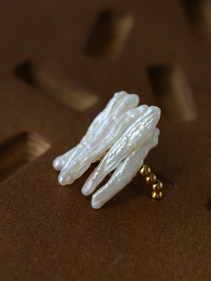 Sculptural Irregular Long Baroque Toothpick Pearls Stretch Beaded Ring - floysun