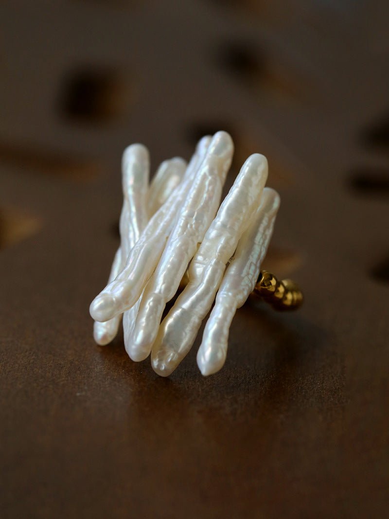 Sculptural Irregular Long Baroque Toothpick Pearls Stretch Beaded Ring - floysun