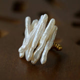 Sculptural Irregular Long Baroque Toothpick Pearls Stretch Beaded Ring - floysun