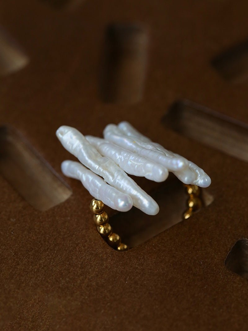 Sculptural Irregular Long Baroque Toothpick Pearls Stretch Beaded Ring - floysun