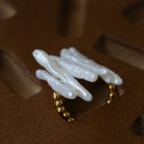 Sculptural Irregular Long Baroque Toothpick Pearls Stretch Beaded Ring - floysun