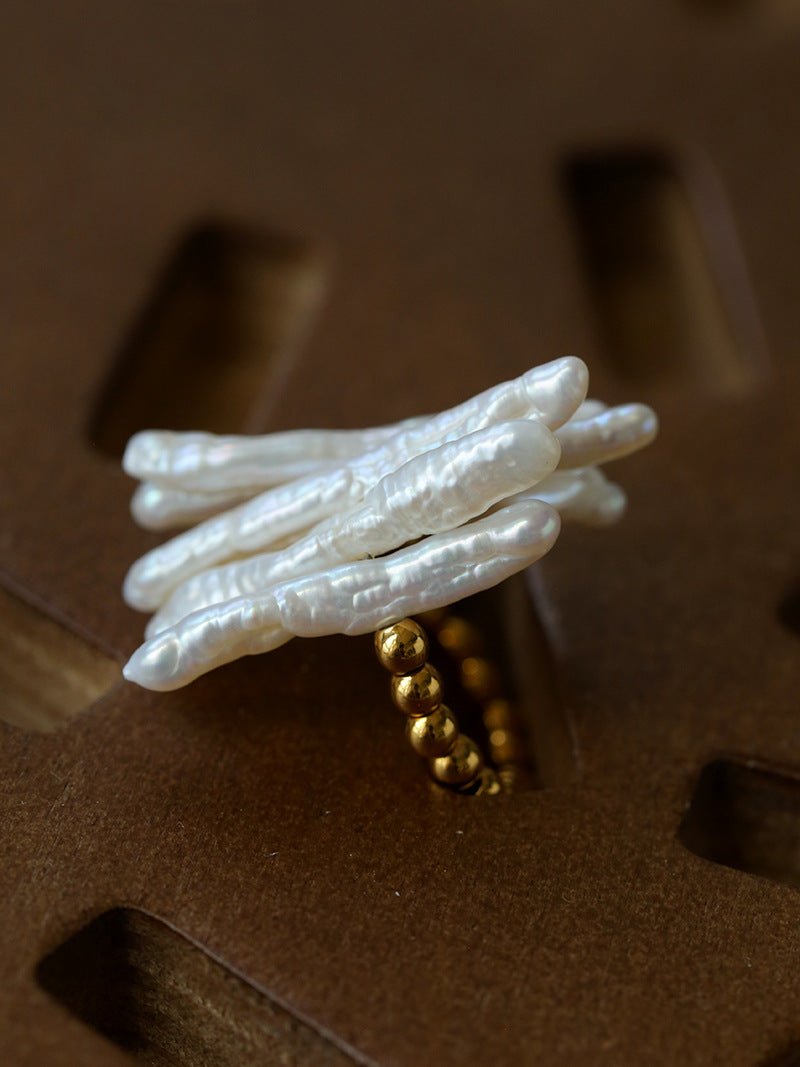 Sculptural Irregular Long Baroque Toothpick Pearls Stretch Beaded Ring - floysun