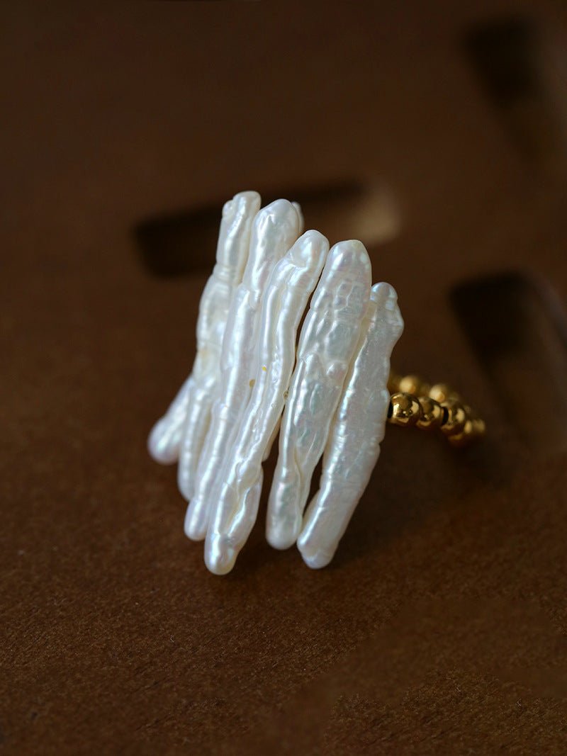 Sculptural Irregular Long Baroque Toothpick Pearls Stretch Beaded Ring - floysun