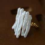 Sculptural Irregular Long Baroque Toothpick Pearls Stretch Beaded Ring - floysun