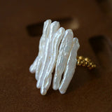Sculptural Irregular Long Baroque Toothpick Pearls Stretch Beaded Ring - floysun
