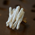 Sculptural Irregular Long Baroque Toothpick Pearls Stretch Beaded Ring - floysun