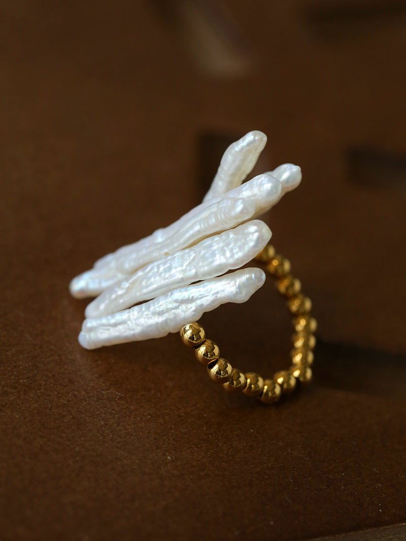 Sculptural Irregular Long Baroque Toothpick Pearls Stretch Beaded Ring - floysun