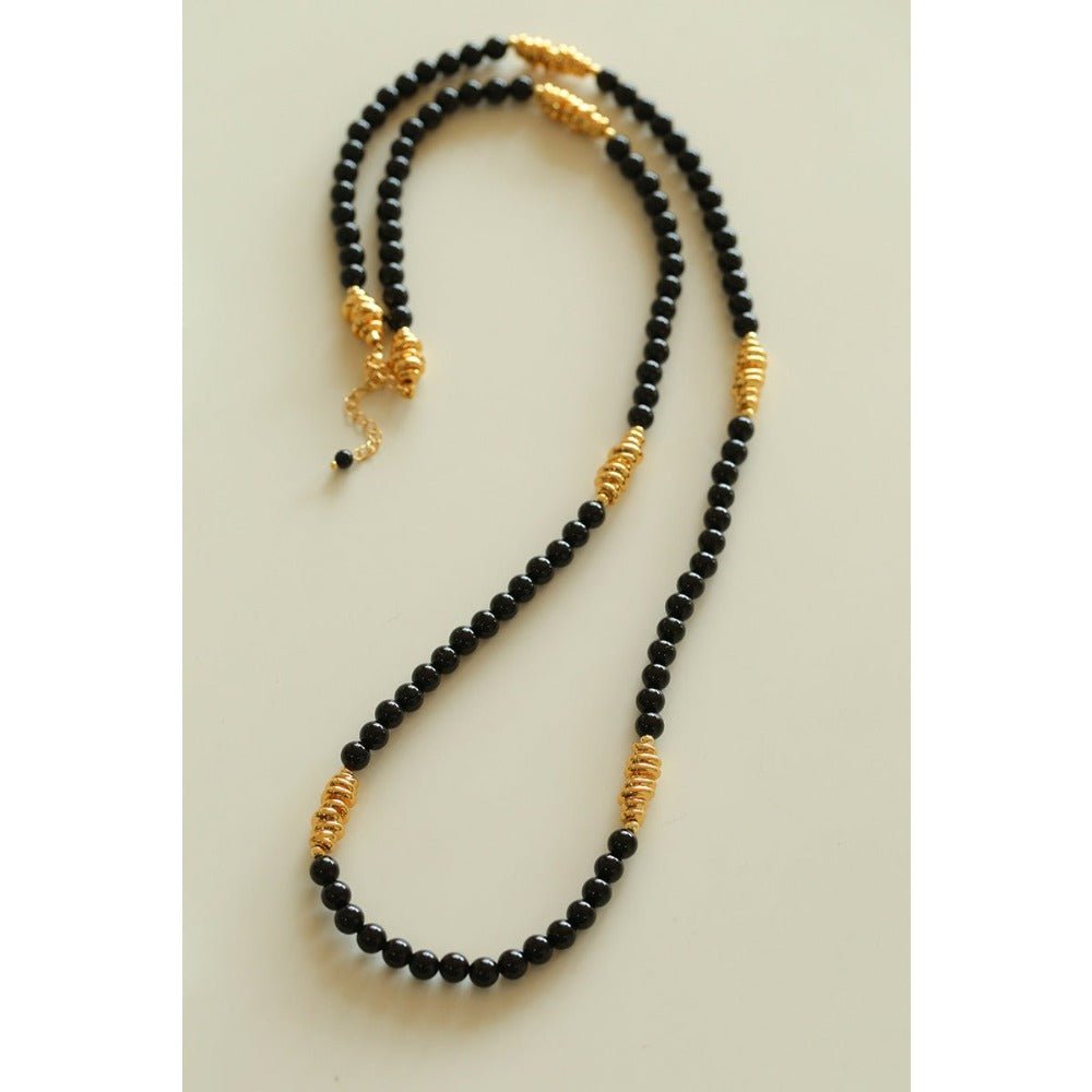 Sculptural Metal & Black Agate Long Beaded Necklace - floysun