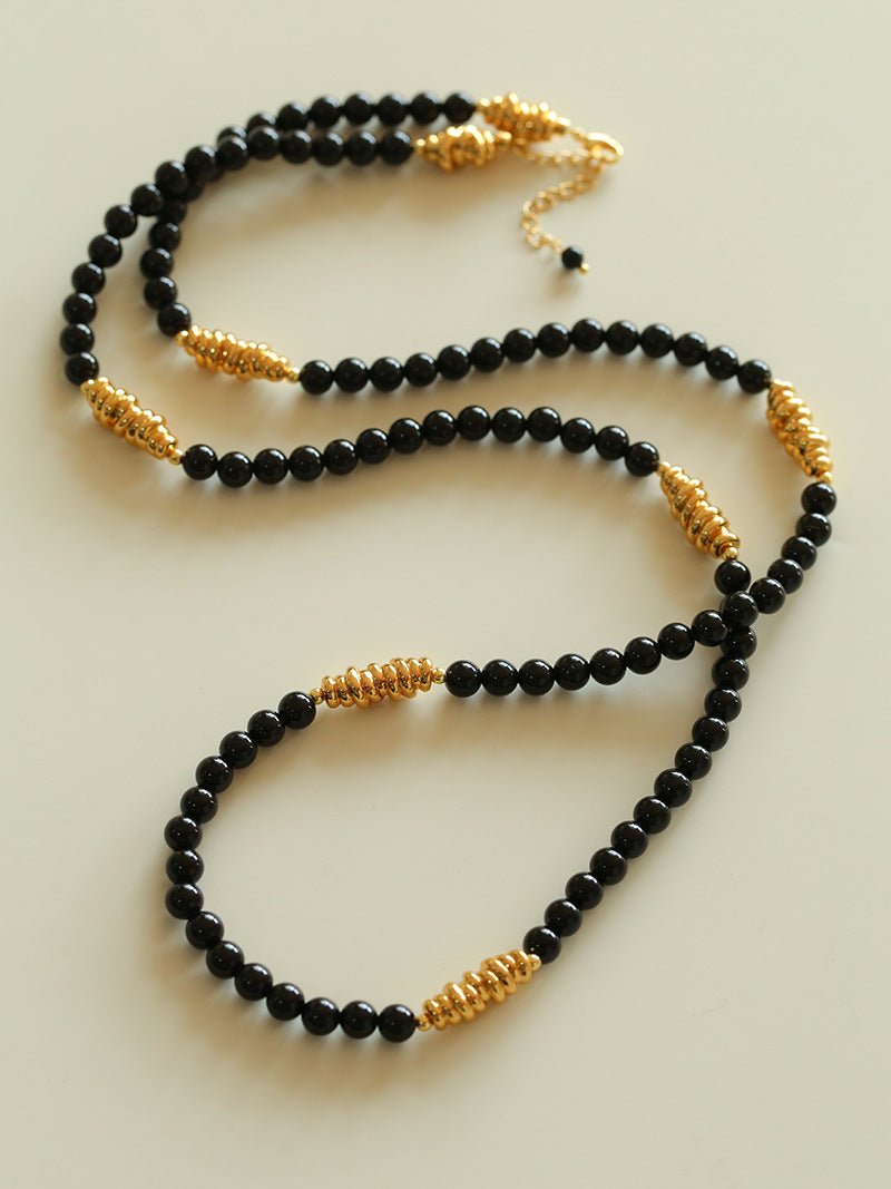 Sculptural Metal & Black Agate Long Beaded Necklace - floysun