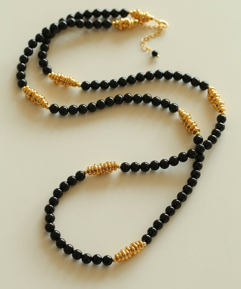 Sculptural Metal & Black Agate Long Beaded Necklace - floysun
