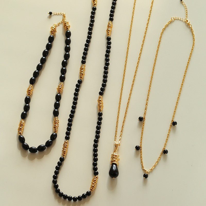 Sculptural Metal & Black Agate Long Beaded Necklace - floysun