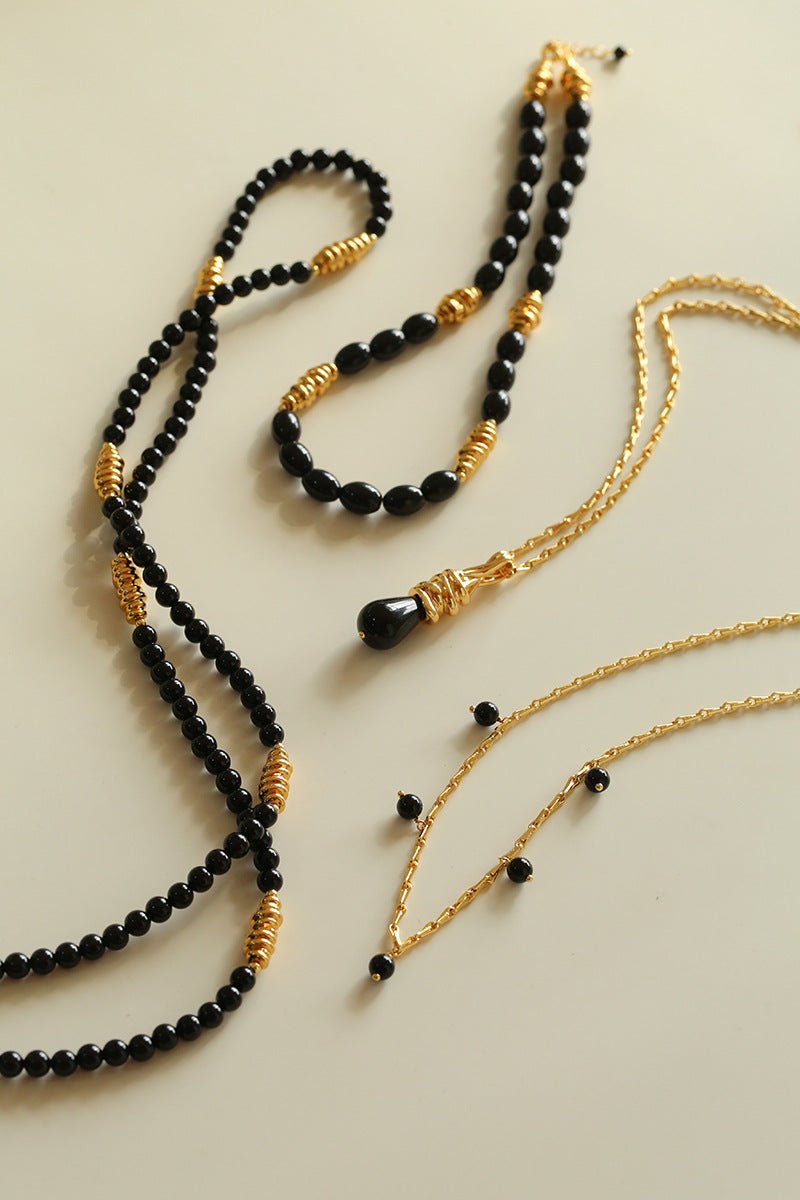 Sculptural Metal & Black Agate Long Beaded Necklace - floysun