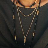 Sculptural Metal & Black Agate Long Beaded Necklace - floysun