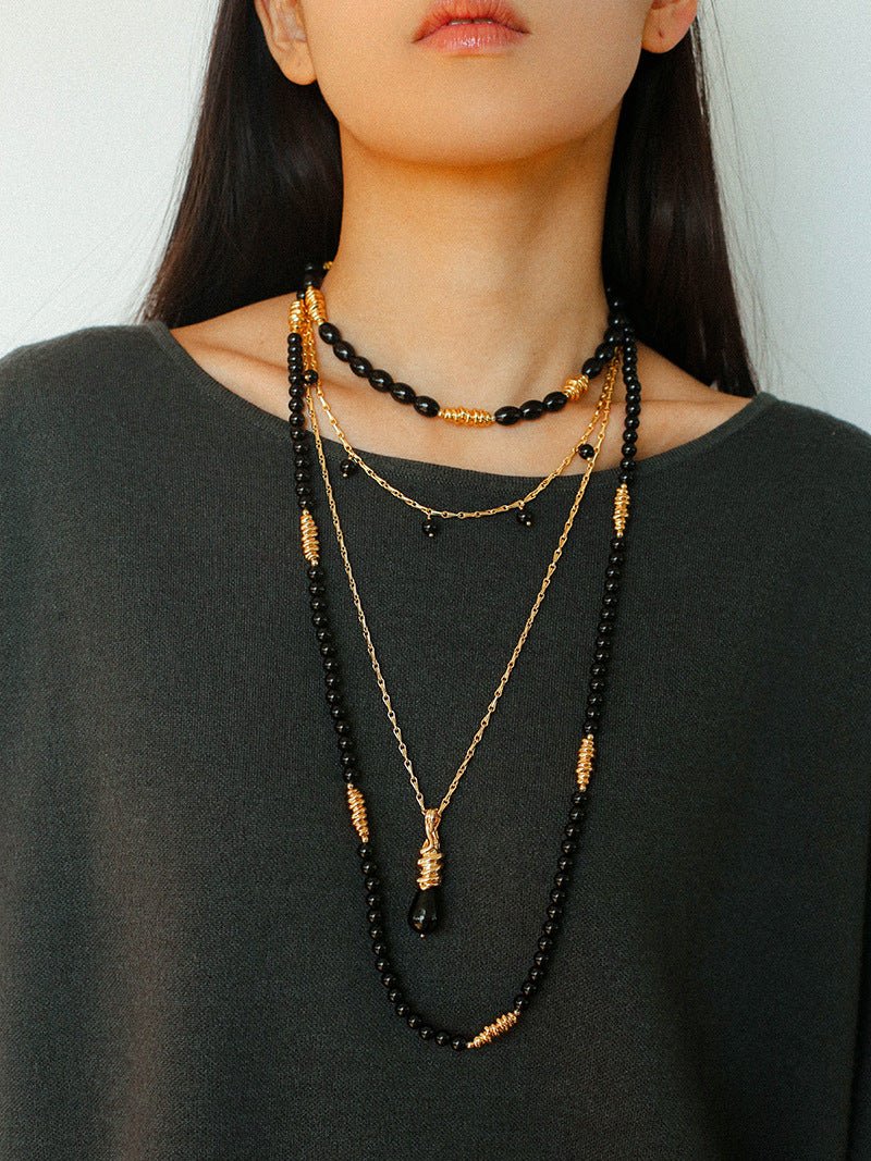 Sculptural Metal & Black Agate Long Beaded Necklace - floysun