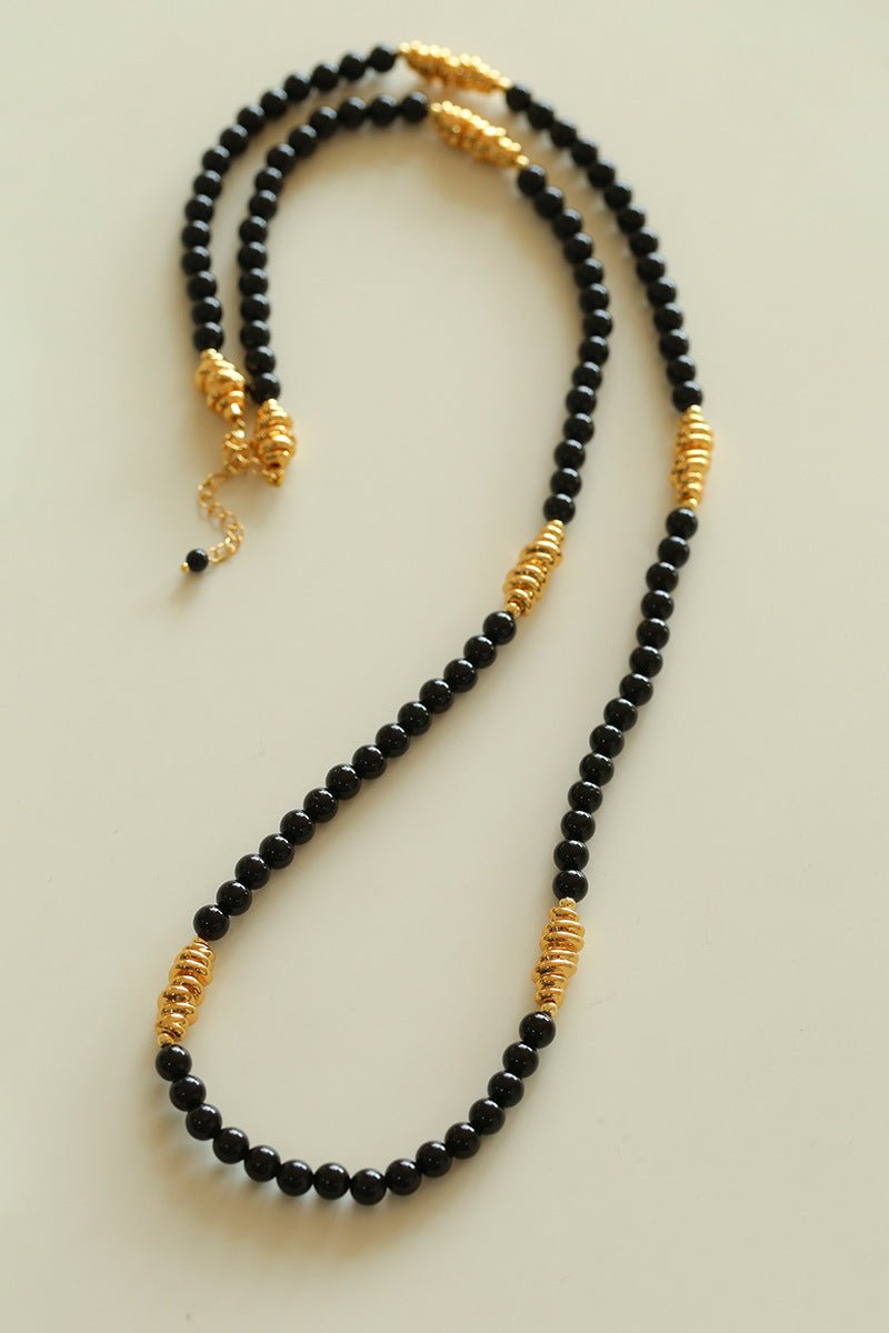 Sculptural Metal & Black Agate Long Beaded Necklace - floysun