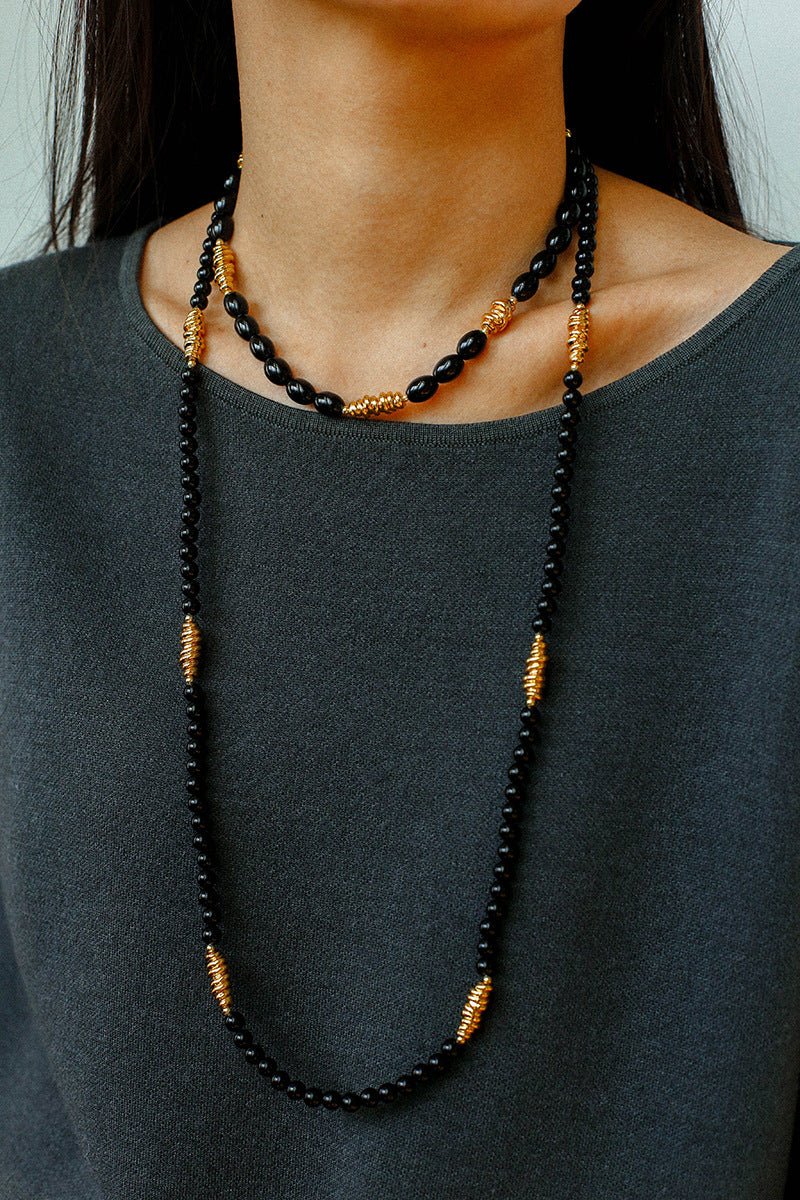 Sculptural Metal & Black Agate Long Beaded Necklace - floysun