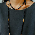 Sculptural Metal & Black Agate Long Beaded Necklace - floysun