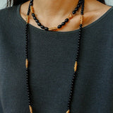 Sculptural Metal & Black Agate Long Beaded Necklace - floysun