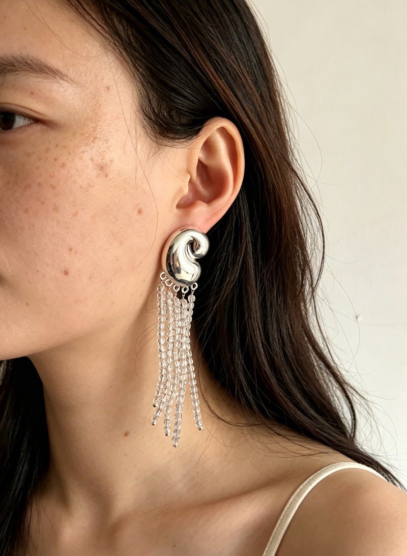 Sculptural Mirror Silver Conch Long Tassel Earrings - floysun